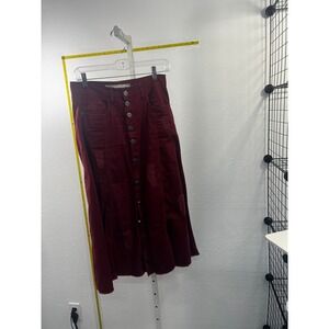Afghan Burgundy Button Front Denim Midi Skirt Distressed Raw Hem Size 38 Boho